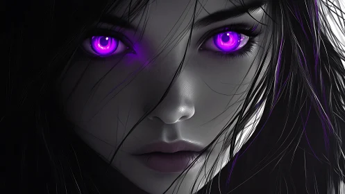 Digital portrait with luminous violet eyes in grayscale frame.