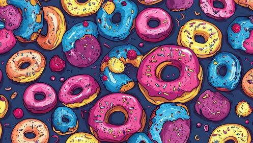 Playful frosted donuts create a vibrant candy-colored pattern