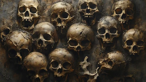 Haunting wall of weathered skulls in moody dim light.