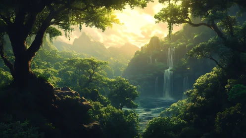 Lush jungle valley with cascading waterfall through ancient trees