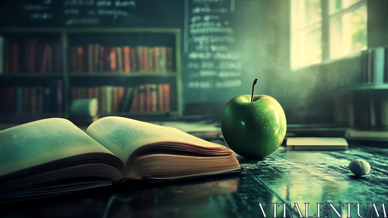 Whispering textbook and emerald apple in sunlit classroom hush.