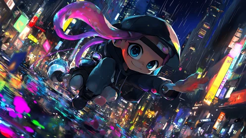 Rainy neon city welcomes a joyful kid hero skating forward