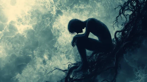 Brooding silhouette nested in stormlit roots of memory.