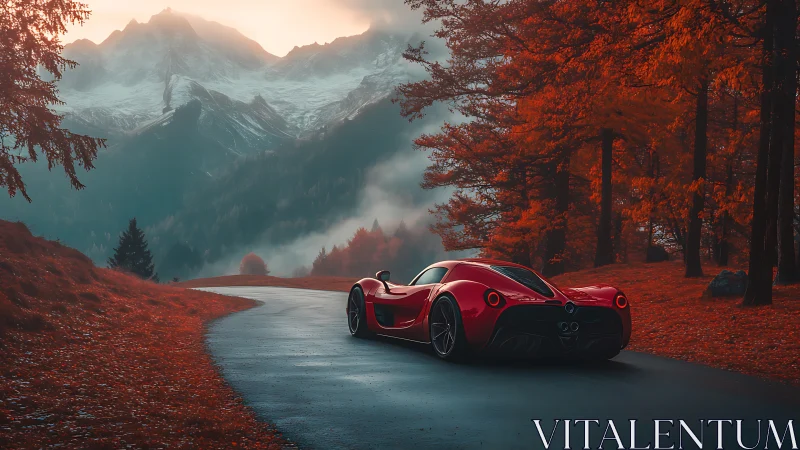 Red sports car on mountain road in dense autumn forest.