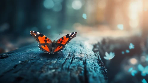 Butterfly rests on textured log in shallow depth of field