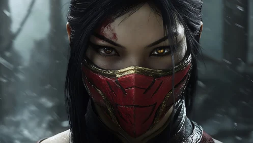 Masked warrior portrait with high-detail ocular specularity.