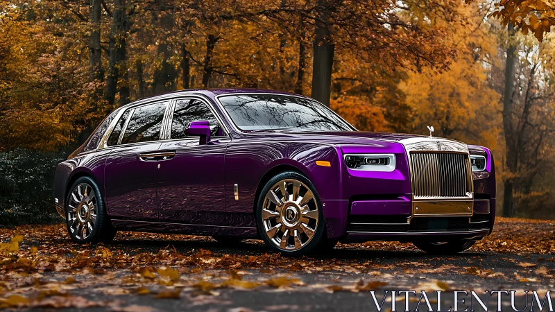 Purple luxury sedan contrasts autumn forest in crisp daylight