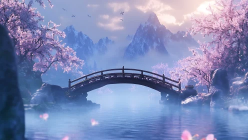 Bridge over misty lake framed by pink cherry blossoms.