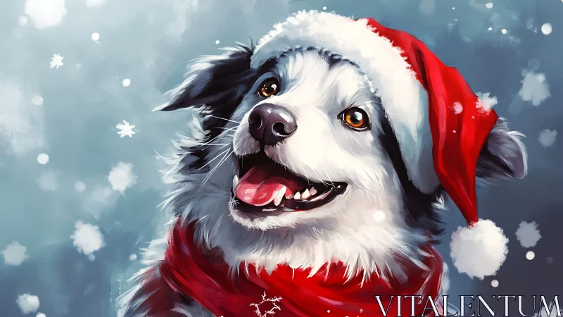 Border collie in Santa hat against snowy winter background.