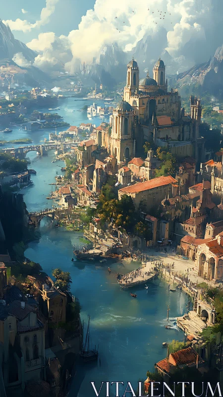 Sunlit river city crowns its cliffs with a grand cathedral.