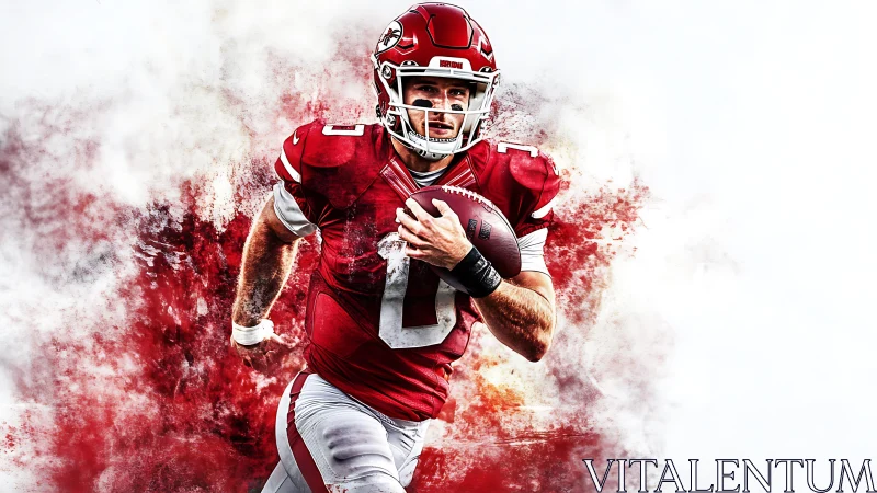 Crimson quarterback explodes from a storm of painted grit.