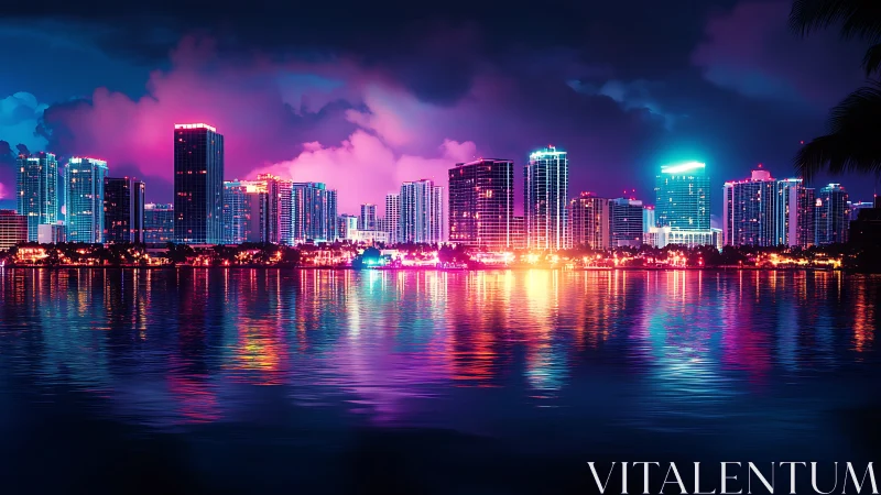 Neon coastal skyline with luminous reflections over water.