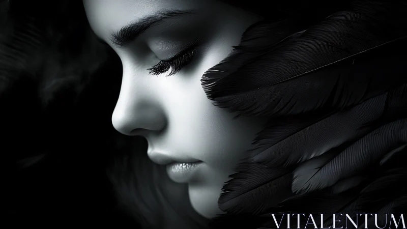 Profile of female face with dark feather textures in shadow.
