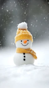 Cheerful little snowman in a cozy yellow winter outfit.