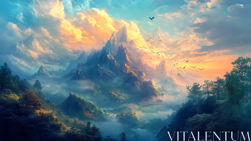 Luminescent mountain range under dramatic sunrise sky.