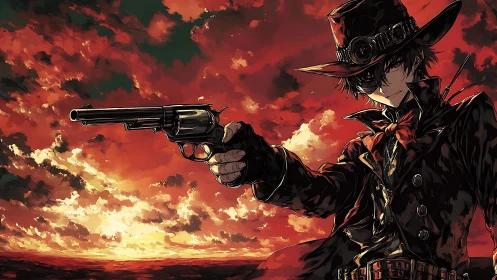Midnight gunslinger framed by a storm-bright crimson sky.