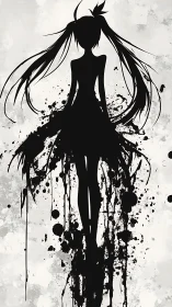 High-contrast ink splatter silhouette of long-haired anime girl