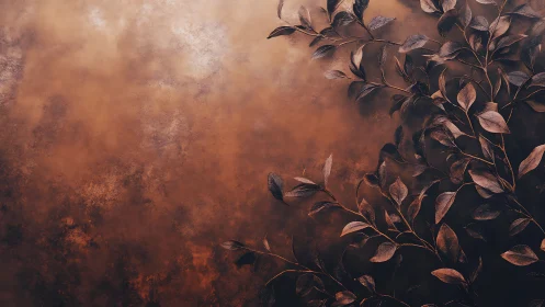 Burnished copper background with dark botanical branches.