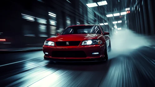 Red performance coupe racing through neon-lit tunnel at night.