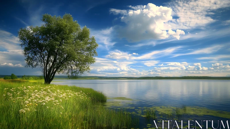 Photorealistic lakeside tree with expansive cloud-rich sky.
