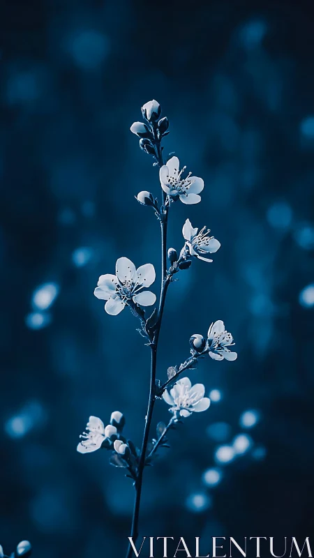 Spring Blossom Branch with Delicate White Petals Against Deep Blue Background