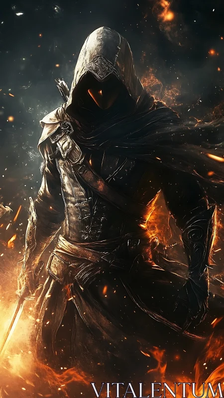 Hooded armored figure stands amid controlled flame effects