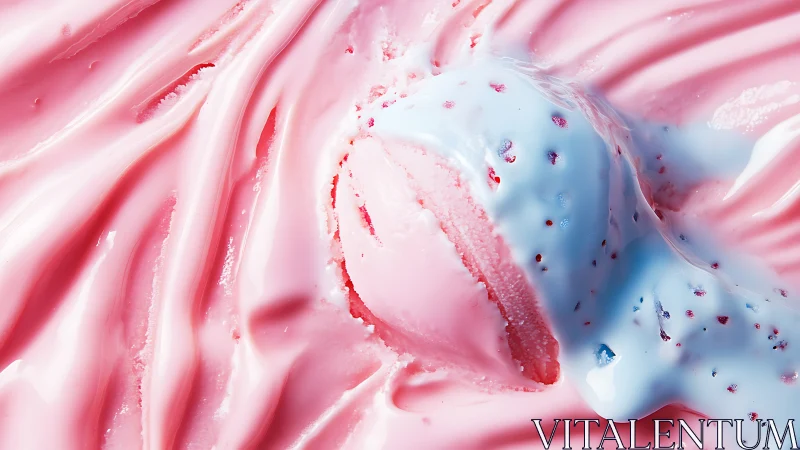 Macro close up of melting pink ice cream with blue drizzle