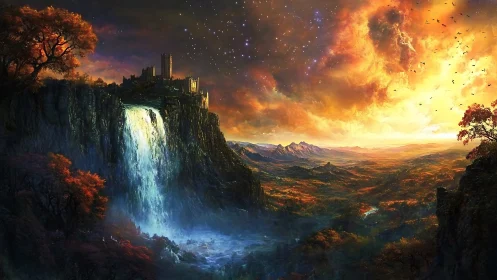 Clifftop fortress overlooks waterfall and distant valley plain