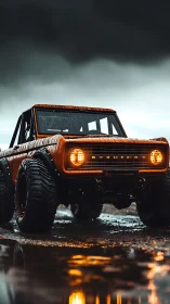 Bold orange off road truck glowing against stormy skies.
