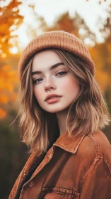 Portrait shows young person in autumn clothing outdoors