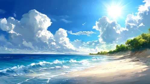 Sunlit tropical shoreline shows waves, clouds, and bright sky