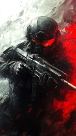 Helm of crimson glare, storm-walker in fractured battlefield.