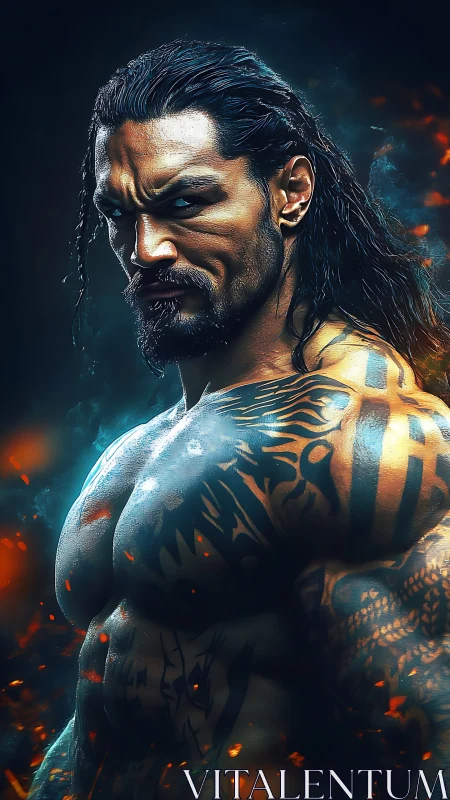 Tattooed muscular male figure in dramatic side profile view.