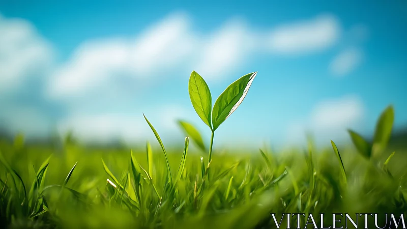 Fresh Green Seedling in Vibrant Grass with Blue Sky Background.