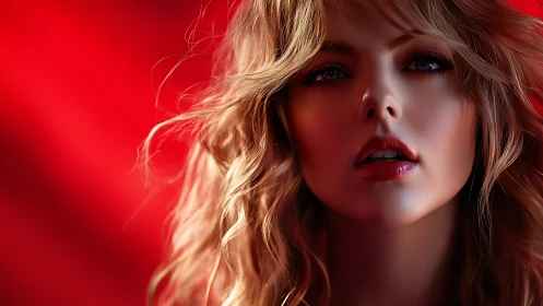 Luminous portrait of woman against vivid red backdrop.