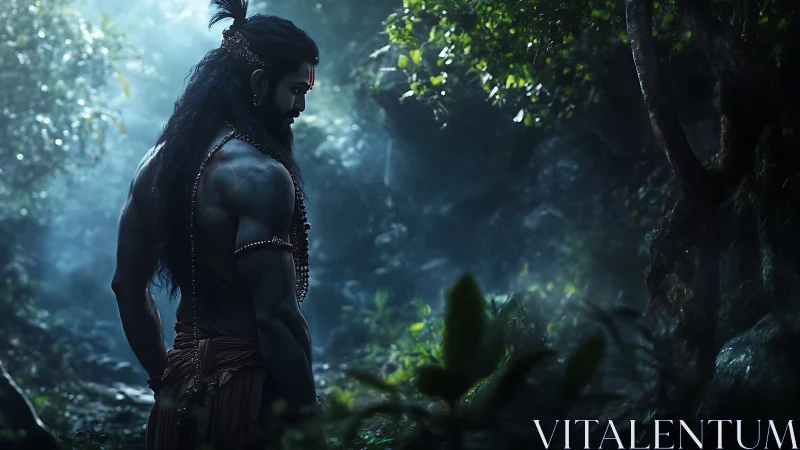 Digital painting of mythic warrior in atmospheric jungle light.