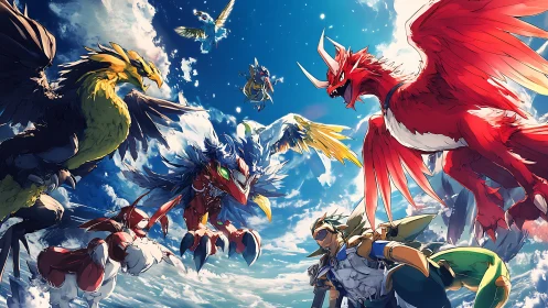 Armored rider commands aerial battle of chromatic avian mechs