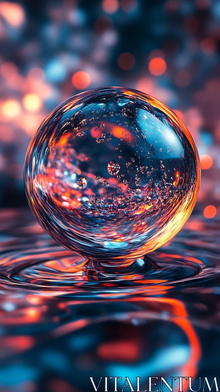 Luminous glass sphere hovers over neon rippling water
