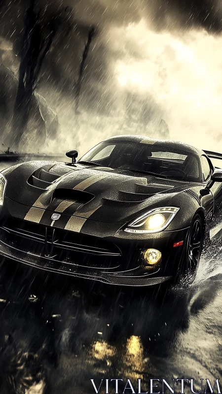 Rain-soaked black supercar sprinting through stormy highway