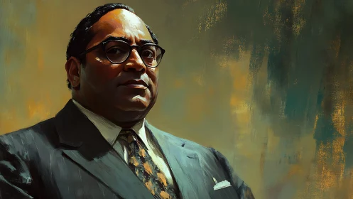 Confident suited man painted against textured abstract backdrop