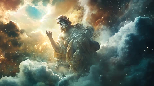 Mythic sky deity emerging from luminous storm clouds