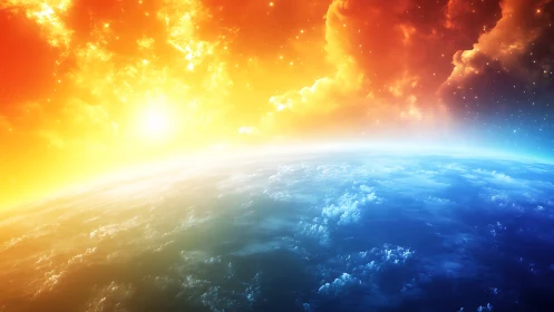 Solar blaze kisses a dreaming blue world at cosmic dawn.