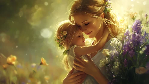 Mother and Daughter Embrace in Golden Flower Garden.