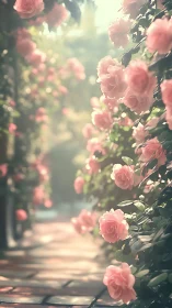Pink Rose Garden Pathway with Diffused Light Through Foliage