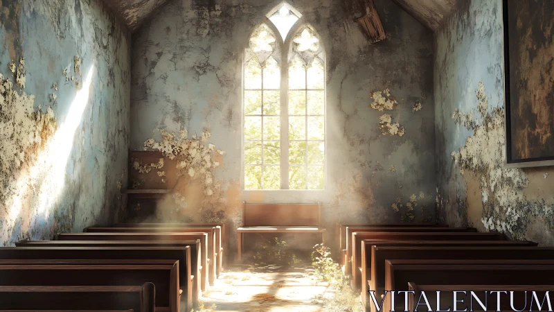 Soft sunlight in a gently crumbling chapel sanctuary.