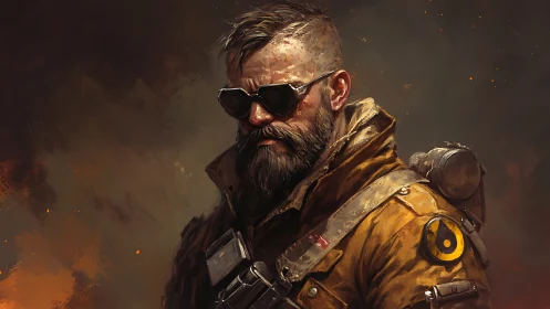Bearded wasteland soldier stares forward in burning haze