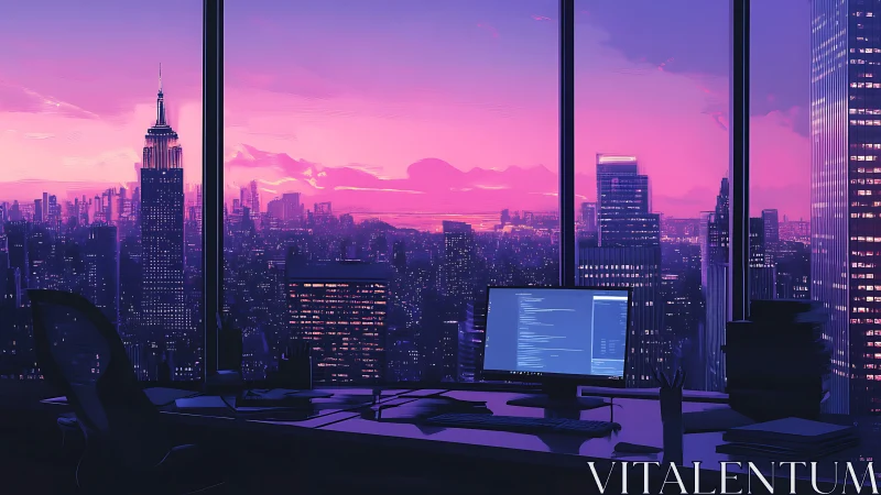 Programmer office overlooks neon dusk city skyline