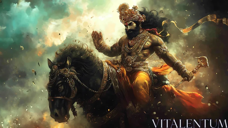 Armored horseman in ornate attire amid dense storm clouds.