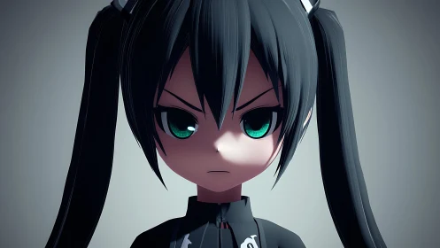 Serious twin tail anime girl with intense teal eyes portrait.