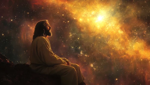 Stargazing prophet bathed in swirling golden nebula light.